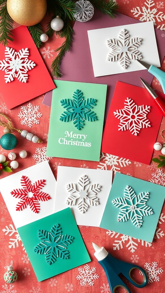 Handmade Christmas cards with snowflake designs on a crafting table.